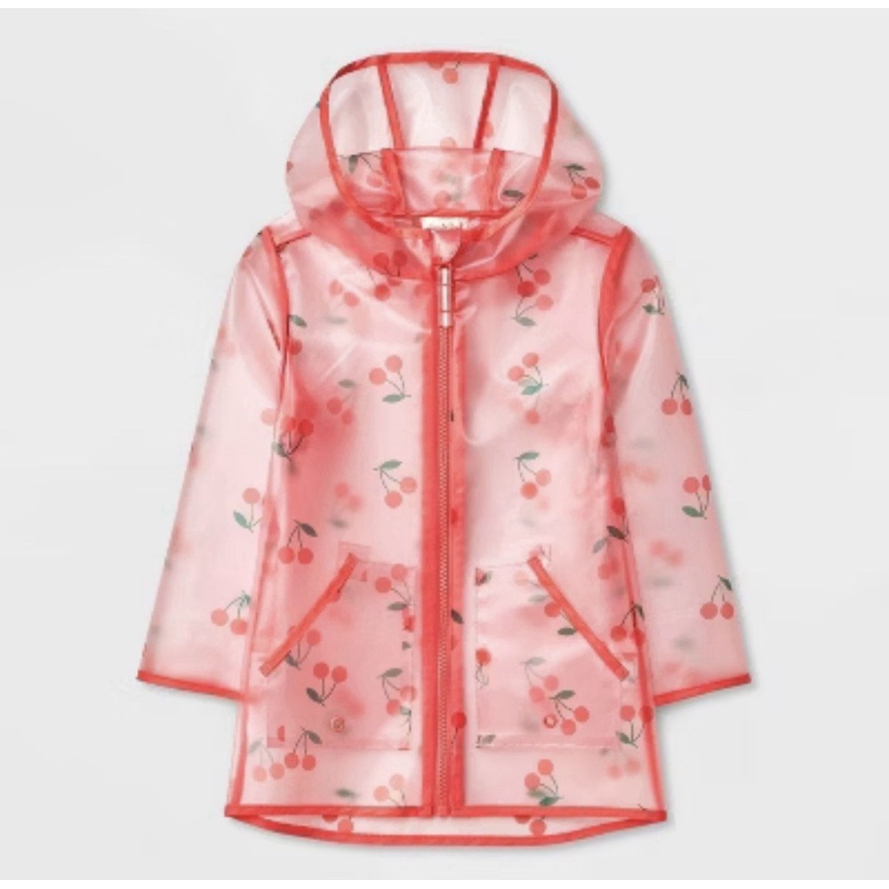 Cat & Jack Girls Clear Pink Raincoat Red Cherry Print Translucent Jacket L 10/12
